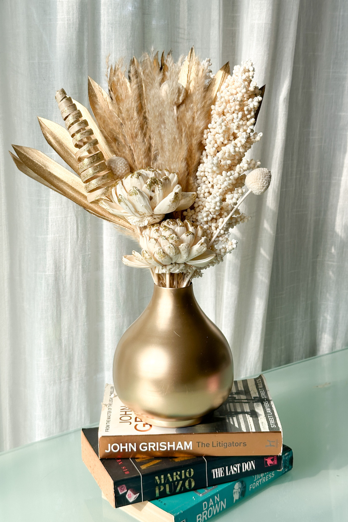 Everlasting Snow Bunch with Gold Vase