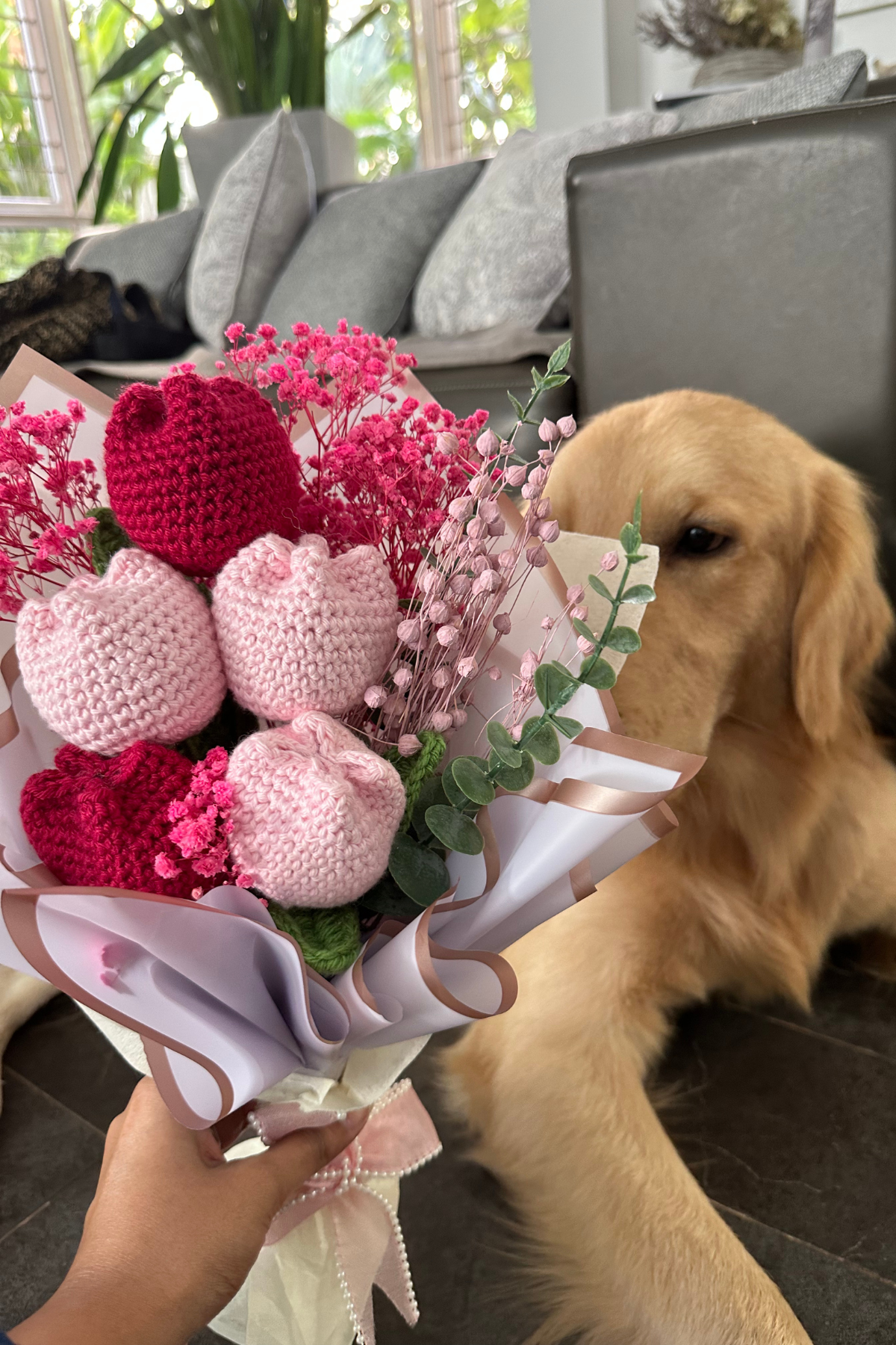 Crochet & Dried Flower Bouquet (Pink)